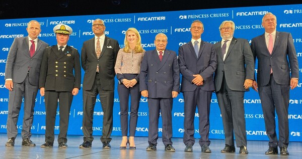 From left to right: Roberto Olivari, Monfalcone Shipyard Director; Captain Heikki Laakkonen; Arnold Donald, President and CEO of Carnival Corporation; Jan Swartz, Group President of Princess Cruises and Carnival Australia; Giuseppe Bono, CEO of Fincantieri; Gianluca Castaldi, Undersecretary of State to the Presidency of the Council of Ministers; Micky Arison, Chairman of Carnival Corporation; Stein Kruse, Group CEO of Princess Cruises, Holland America Line, Seabourn, Carnival Australia and UK