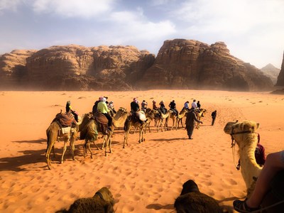 Ride camelback in the Wadi Rum region of Jordan for an exciting adventure.