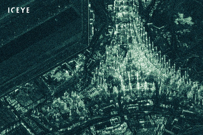 ICEYE Spotlight radar satellite image of the Kuwait International Airport's new terminal under construction. ICEYE Spotlight radar satellite image of the Kuwait International Airport's new terminal under construction.