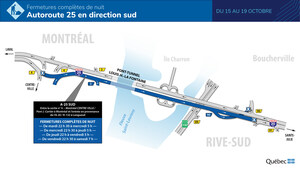 Autoroute 25 et tunnel Louis-Hippolyte-La Fontaine entre Longueuil et Montréal - Poursuite des entraves de nuit en direction sud