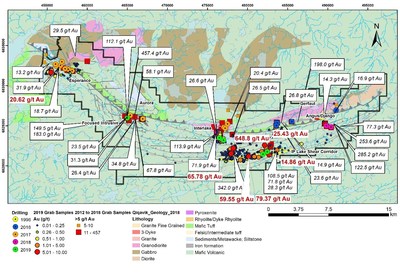 Figure 2: 2019 Grab Sample Results (Shown in Red). (CNW Group/Orford Mining Corporation)