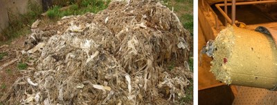 Image 1: A mound of wipes pulled out of a sewage pumping station after a blockage was discovered.
Image 2: A build-up of fats, oils and grease (FOG) in a pipe at a wastewater facility. (CNW Group/Ontario Clean Water Agency)