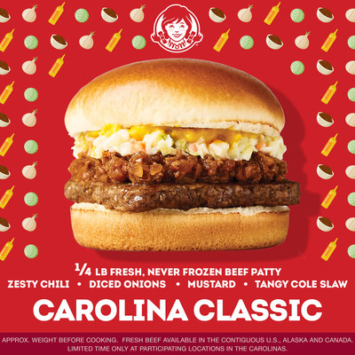 Wendy's customers can get it all with the Carolina Classic burger. Featuring zesty chili, diced onions, mustard and tangy cole slaw topped on a Wendy’s quarter pound fresh, never frozen beef patty, this burger hits all the spots. Only available for a limited time in participating North and South Carolina restaurants.