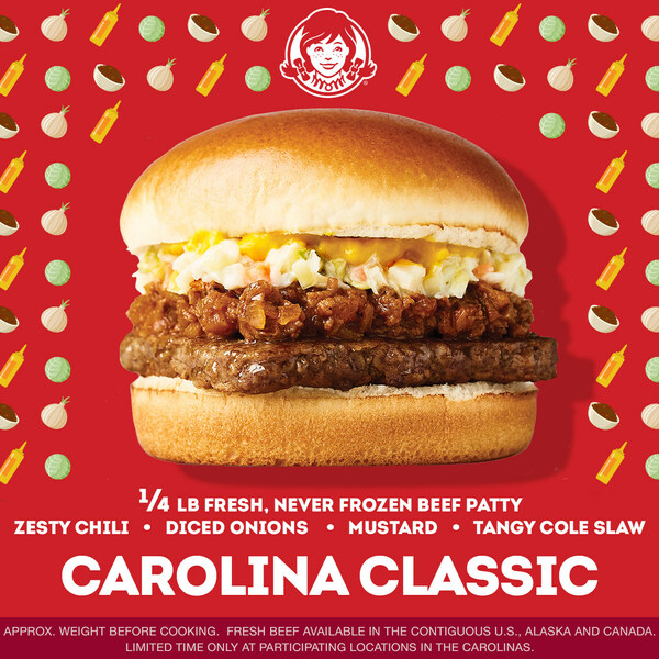 Wendy's customers can get it all with the Carolina Classic burger. Featuring zesty chili, diced onions, mustard and tangy cole slaw topped on a Wendy’s quarter pound fresh, never frozen beef patty, this burger hits all the spots. Only available for a limited time in participating North and South Carolina restaurants. (PRNewsfoto/The Wendy’s Company)