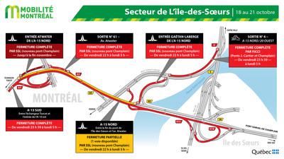 Fermetures A15 secteur Île-des-Sœurs, fin de semaine du 18 octobre (Groupe CNW/Ministère des Transports)