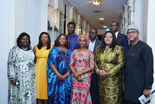 Front row: Wife of the Vice President; Mrs Dolapo Osinbajo (third right) with Marketing Director, Chris Wulff-Caesar (first right); Executive Director Mrs Ore Famurewa (second right); and Mrs Maureen Ifada, Marketing Manager Peak (second left); all of Friesland Campina WAMCO Nigeria Plc at the unveiling of Abuja 2020 Para Powerlifting World Cup at the Presidential Villa over the weekend. (PRNewsfoto/WAMCO Nigeria Plc)