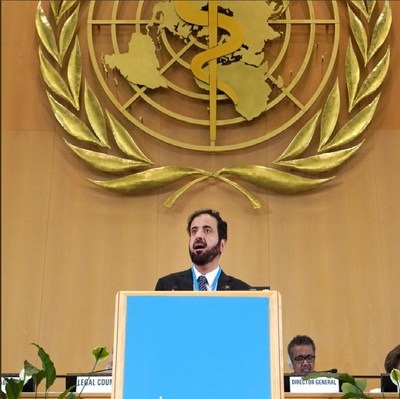 H. E. Dr. Tawfig AlRabiah, Saudi Minister of Health, addressing the 72nd World Health Assembly in Geneva.