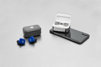 MW07 GO True Wireless Earphones in Electric Blue and MW07 PLUS True Wireless Earphones in White Marble