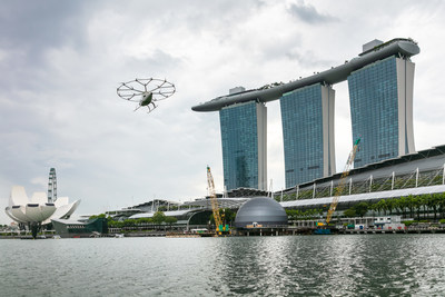 Volocopter air taxi flies over Singapore's Marina Bay (PRNewsfoto/Volocopter)