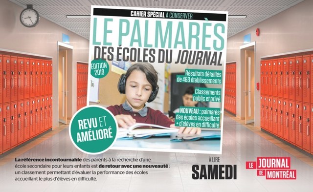 Le Palmarès des écoles du Journal sera publié le samedi 26 octobre (Groupe CNW/Journal de Montréal)