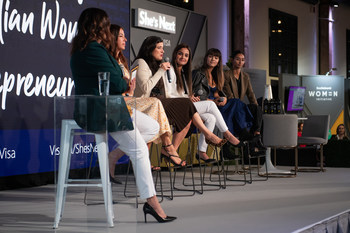Moderator, Maria Locker, MOMpreneur Enterprise and panellists Rebecca Minkoff, fashion designer and Female Founder Collective founder; Gillian Riley, president and CEO, Tangerine Bank & Executive Sponsor of The Scotiabank Women Initiative; Fatima Zaidi, founder and CEO, Quill; and Taran and Bunny Ghatrora, founders, Blume share their experiences and insights at the first She’s Next, Empowered by Visa workshop in Toronto. (CNW Group/Visa Canada)