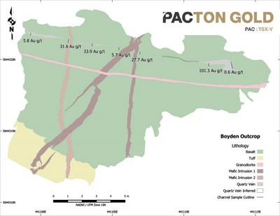 Figure 1. Outcrop map of the Boyden prospect showing recent channel sample location and results from a gold-bearing quartz vein. (CNW Group/Pacton Gold Inc.)