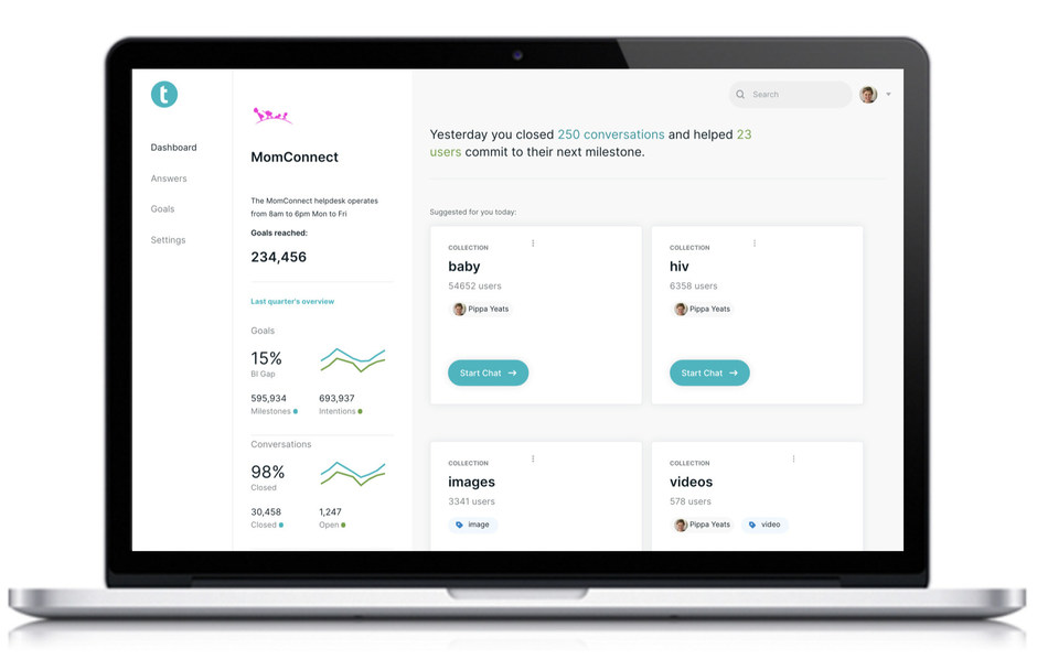 A screenshot of the Turn.io product dashboard for MomConnect, the Maternal Health Programme in South Africa. Turn.io today launched its global product that leverages messaging platforms for social impact organisations. an enabler for both engagement and behaviour change, Turn is currently working with organisations that already run scaled messaging programmes, or who have a robust theory of change, including Noora Health, Girl Effect and Nivi amongst others.