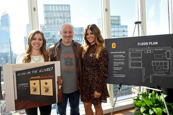 Alison Victoria, right, celebrity interior designer and TV personality, Mike Mueller, Super 8 Brand President, and Candice Buttars, undergrad design student at Utah State University and winner of the ROOM8 Design Challenge, pose by a floor plan of the new Super 8 by Wyndham ROOM8 design, Wednesday, Oct. 23, 2019 in NYC. ROOM8, the brand’s first-ever shared room concept, reimagines the traditional hotel suite to accommodate a new generation of road trippers. (AP Images for Super 8 by Wyndham) (PRNewsfoto/Wyndham Hotels & Resorts)