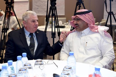 US Ambassador to Saudi Arabia John Abizaid (L) with Saudi Ambassador to Yemen Mohammed bin Saeed Al Jabir at the 'Stabilization 2' Workshop in Riyadh, Saudi Arabia