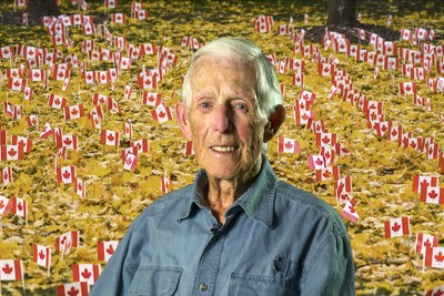 Second World War Veteran Al Wallace (99) with patriotic sea of Canadian flags at the Sunnybrook Veterans Centre. Operation Raise a Flag returns to the country's largest Veterans' care facility with 47,500 Canadian flags planted around the campus in honour of Remembrance Day. All Canadians are encouraged to send a note of thanks and a donation to support the war heroes living at the Sunnybrook Veterans Centre. (CNW Group/Sunnybrook Health Sciences Centre)