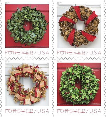 The U.S. Postal Service ushers in the holiday season with four new stamps in a booklet of 20 featuring festive wreaths. Displayed on a door, in a window, or over a mantel, wreaths are symbols of joy and celebration, inviting the spirit of the season to enter the home.