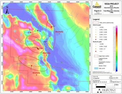 2019 Canasil Vega Project, Western Area Magnetic and Soil Anomalies Confirm High Priority Copper-Gold Targets (CNW Group/Canasil Resources Inc.)