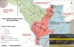 Crystal Lake Announces Initial Diamond Drill Assay Results from Burgundy Ridge - Results Include 91.26m of 0.38% Cu, 0.30 g/t Au, 4.12 g/t Ag Near Surface on 180m Step Out