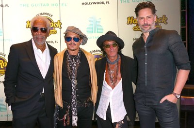Hollywood elites Morgan Freeman, Johnny Depp, Joe Perry and Joe Manganiello on the red carpet at the official grand opening of Seminole Hard Rock Hotel & Casino Hollywood (Florida) before the world's first Guitar Hotel lit up the night sky with a choreographed musical light show and fireworks display.
