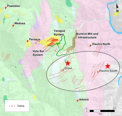 Figure 1: Buriticá Exploration Targets Highlighting Orion and Electra South (CNW Group/Continental Gold Inc.)