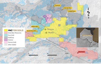Figure 1. Pacton Gold’s Red Lake Gold Project claim map showing other active projects and the Madsen-Dixie fault corridor. (CNW Group/Pacton Gold Inc.)