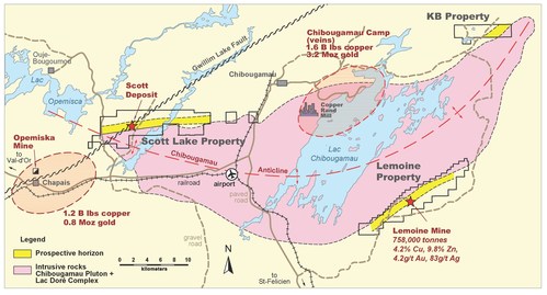 Figure 1. Carte de localisation des projets de Yorbeau dans le camp de Chibougamau au Québec, incluant le projet KB. (Groupe CNW/Ressources Yorbeau Inc.)