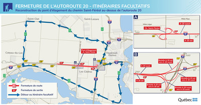 Fermeture complte de l'autoroute 20  Les Cdres - Itinraires facultatifs et dtours (Groupe CNW/Ministre des Transports)