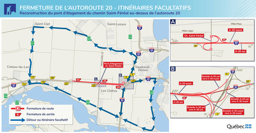 Fermeture complète de l’autoroute 20 à Les Cèdres – Itinéraires facultatifs et détours (Groupe CNW/Ministère des Transports)