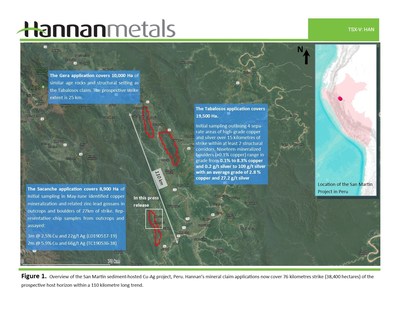 Figure 1. Overview of the San Martin sediment-hosted Cu-Ag project, Peru. Hannan’s mineral claim applications now cover 76 kilometres strike (38,400 hectares) of the prospective host horizon within a 110 kilometre long trend. (CNW Group/Hannan Metals Ltd.)
