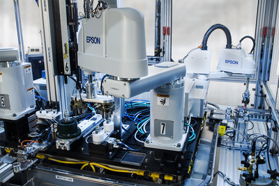 Epson robots at work with RND Automation's Hydraulic Valve Assembly Machine