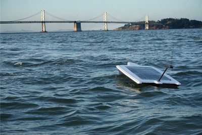 The Sofar Strider autonomous surface vehicle ventures towards the Bay Bridge in the San Francisco Bay.