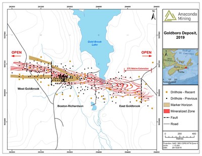 Exhibit A. A map of the Goldboro Deposit showing mineralized zones, 375 metre extension and new drilling included in the current Mineral Resource. (CNW Group/Anaconda Mining Inc.)