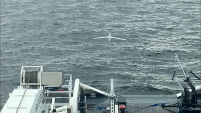 Insitu's ScanEagle launches from OPV Turva in the Gulf of Finland during a five-day trial for the Finnish Border Guard.
