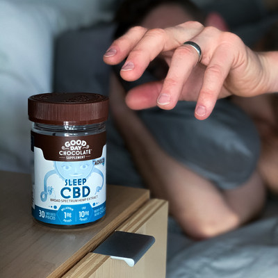 New Good Day Chocolate Sleep CBD helps support healthy sleep with 10mg of CBD plus 1mg of melatonin in each delicious piece New Good Day Chocolate Sleep CBD helps support healthy sleep with 10mg of CBD plus 1mg of melatonin in each delicious piece