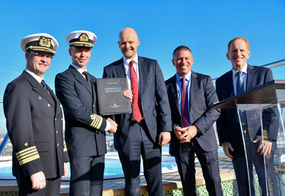 Norwegian Cruise Line takes delivery of Norwegian Encore from Meyer Werft in Bremerhaven, Germany. 
(From left to right: Yard Captain Wolfgang Thos of Meyer Werft; Captain Niklas Persson of Norwegian Encore; Tim Meyer, managing director of Meyer Werft; Andy Stuart, president and CEO of Norwegian Cruise Line; and Harry Sommer, incoming president and CEO of Norwegian Cruise Line)