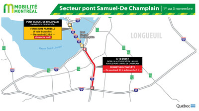 Fermetures A10 à Brossard et pont Samuel-De Champlain FDS du 1er novembre (Groupe CNW/Ministère des Transports)