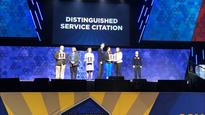 Valent team members Dawn Refsell and Kara Jackson accept the 2019 Distinguished Service Citation Award at the FFA National Convention on November 1 alongside BASF and Farm Credit Alliance.