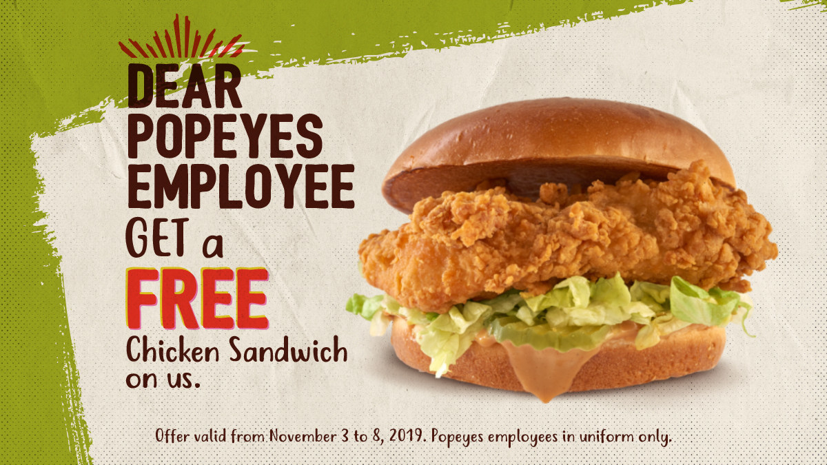 Pollo Campero to Popeye's Employees Working Around the Cluck: Pop In for a FREE Sandwich!