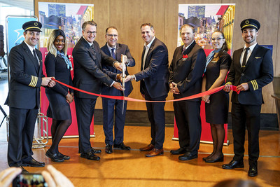 From left to right : Farzad Eshghi, Captain, Jewel Asha Williams, Flight Attendant, Jean-FranÃ§ois Lemay, President-General Manager of Air Transat, Joseph Adamo, Chief Distribution Officer of Transat, StÃ©phane Lapierre, Vice President, Airport Operations and Air Services Development of AÃ©roports de MontrÃ©al, Martin Tessier, Flight Director, Melissa Langlois, Flight Attendant, and Pierre-Alexandre Lamanque, First Officer. (CNW Group/Transat A.T. Inc.)