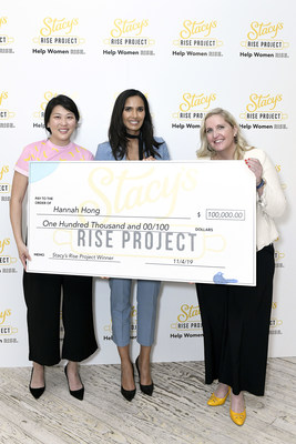 NEW YORK, NEW YORK - NOVEMBER 04: Ahead of Womens Entrepreneurship Day, entrepreneur Padma Lakshmi (C) and Jessica Spaulding (R) of Stacy's Pita Chips announce entrepreneur Hannah Hong, founder of Hakuna Brands, as the $100,000 grand prize winner of the inaugural "Stacy's Rise Project" at a female empowerment luncheon on November 04, 2019, in New York City. (Photo by Eugene Gologursky/Getty Images for Stacy's Pita Chips)
