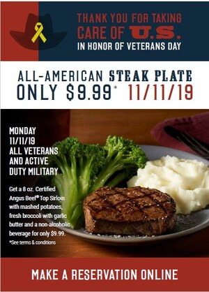 Black Angus Steakhouse Honors Veterans and Military Personnel with $9.99 All-American Steak Plate