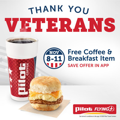 Honoring all who have served this Veterans Day, Pilot Flying J invites all active-duty and retired military veterans to enjoy free breakfast Nov. 8-11. Download the Pilot Flying J app to save the Veterans Day offer and find nearby locations.