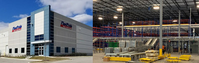 At left is an exterior photo of FleetPride's new distribution center in Elgin, Illinois. At right is a photo from inside the facility near the end of construction, showing the three-tier mezzanine and sorting conveyor system.
