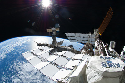 This picture, taken July 12, 2011, shows the Alpha Magnetic Spectrometer (AMS) experiment on the International Space Station. AMS is a state-of-the-art particle physics detector designed to search for antimatter and dark matter. Credit: NASA/Ron Garan