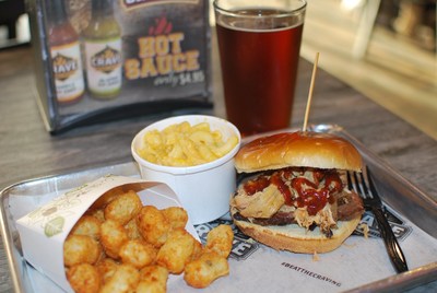 Pulled Chicken Sandwich with tots, Mac N Cheese and a Craft Beer.