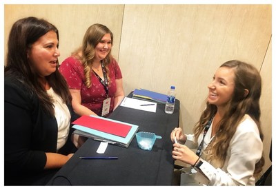 Participants of the College Women on the Rise program practice their job interviewing and pitching techniques with each other during a breakout activity at job readiness workshops hosted by UMA. Participants of the College Women on the Rise program practice their job interviewing and pitching techniques with each other during a breakout activity at job readiness workshops hosted by UMA.