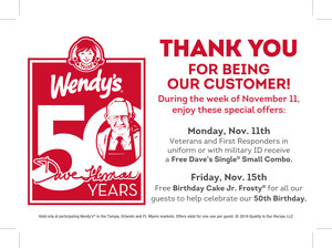 Wendy's Celebrates Its 50th Birthday with Special Deals for Florida Residents and U.S. Military Veterans
