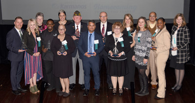 Karmanos Cancer Institute honored its 2019 Heroes of Cancer at a special reception held Nov. 6. This year's inspirational heroes are (left to right) Todd McKay, Audrey Ray, Connie Claybaker, Michael Hunt, Renee Schuett, Ann Delisi, Jerry Gorski, Asfar Azmi, Ph.D., Kay-Uwe Wagner, Ph.D., Jeanne Melton, RN, Nancie Petrucelli, M.S., CGC, Izabela Babinski, Frank Fields, Dreshawna Triplett and Linda Robinson, MSW. Not pictured are Frank McGeorge, M.D., and Philip, M.D., Ph.D. - Photo credit Sean Cook