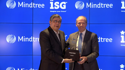 Todd Lavieri (right), vice chairman of Information Services Group, a leading global technology research and advisory firm, presents the ISG Star of Excellence Award to Mindtree CEO Debashis Chatterjee during a ceremony today at Mindtree headquarters in Warren, New Jersey. Mindtree captured the 2019 ISG Star of Excellence Award for the quality of its core technology services based on an ISG survey of more than 1,400 enterprise buyers.